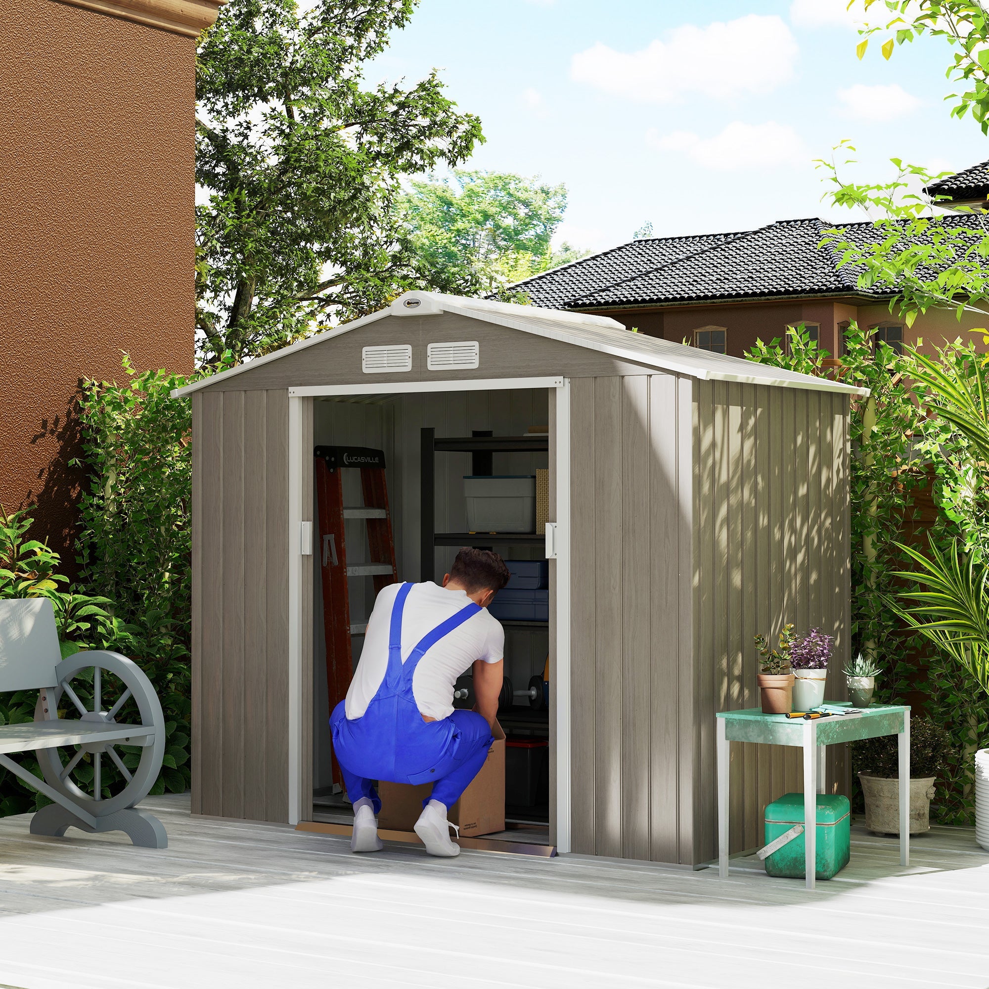 Outsunny 7 x 4ft Metal Garden Storage Shed with Vents, Floor Foundation Kit and Lockable Double Doors, Light Brown